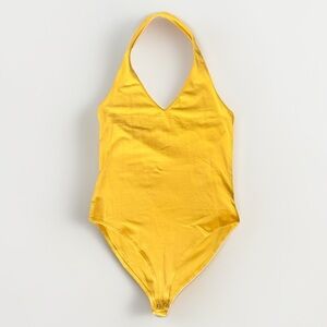 Yellow Halter Bodysuit Women’s Small Stretch Deep V High Cut One Piece Unbranded